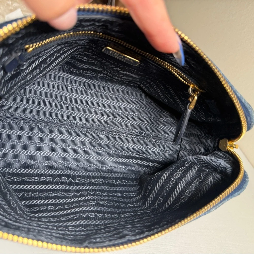 Prada Blue Denim Triangle Logo Pouch with Gold Hardware - Picture 14 of 16